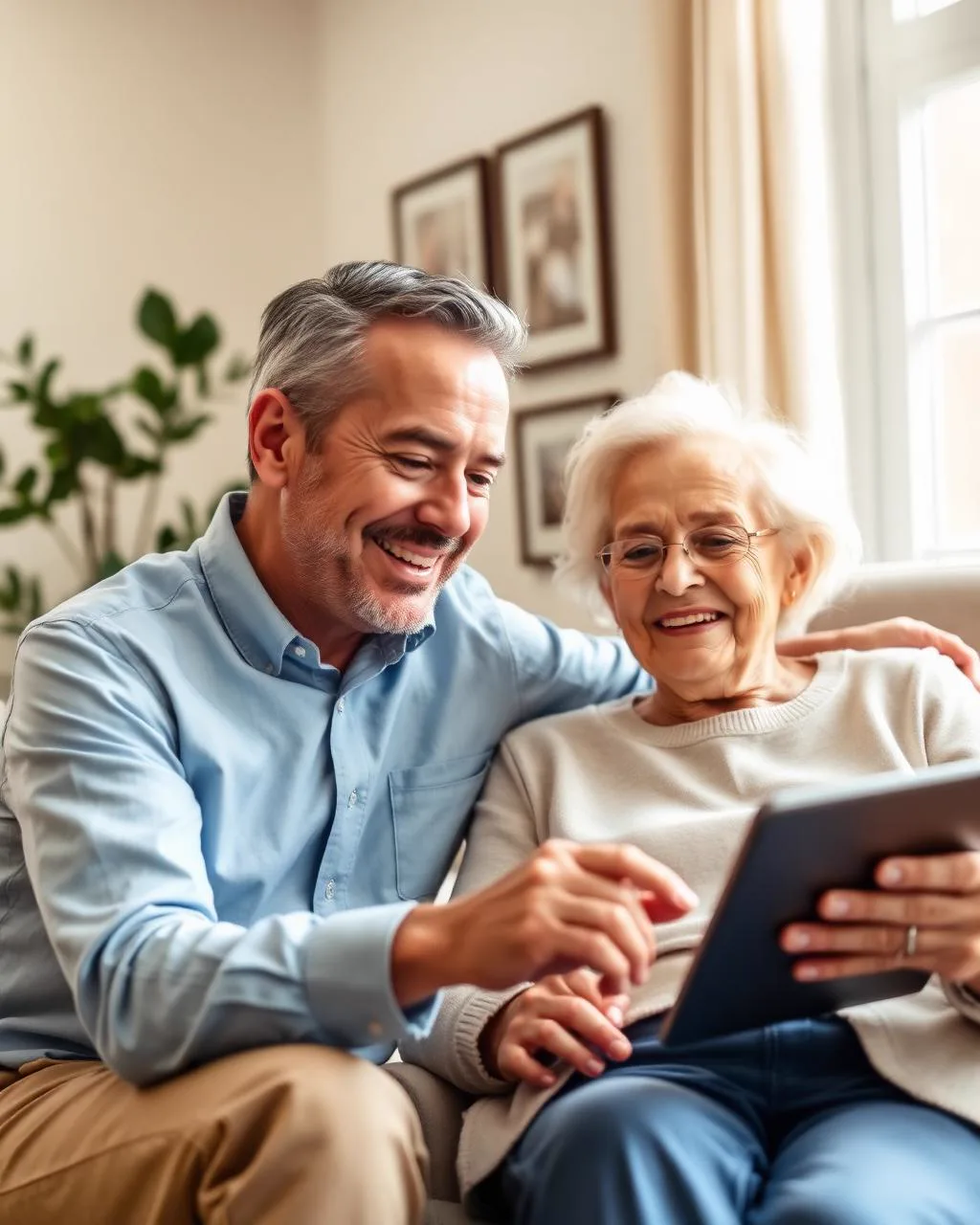 Besuchsdienst im Pflegeheim in Heusenstamm – Mike zeigt einer Seniorin ein Tablet