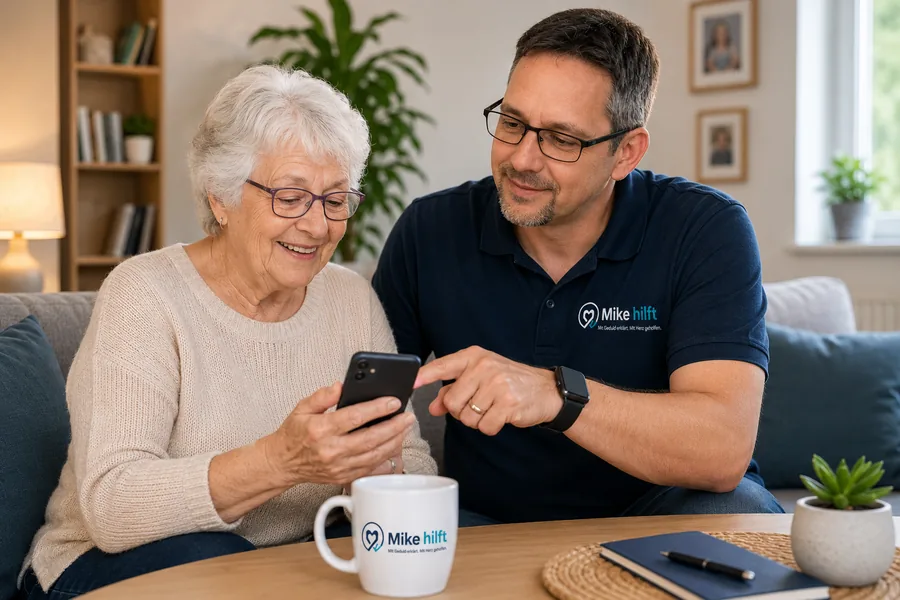 Seniorenhilfe in Heusenstamm – Mike erklärt einer Seniorin das Smartphone