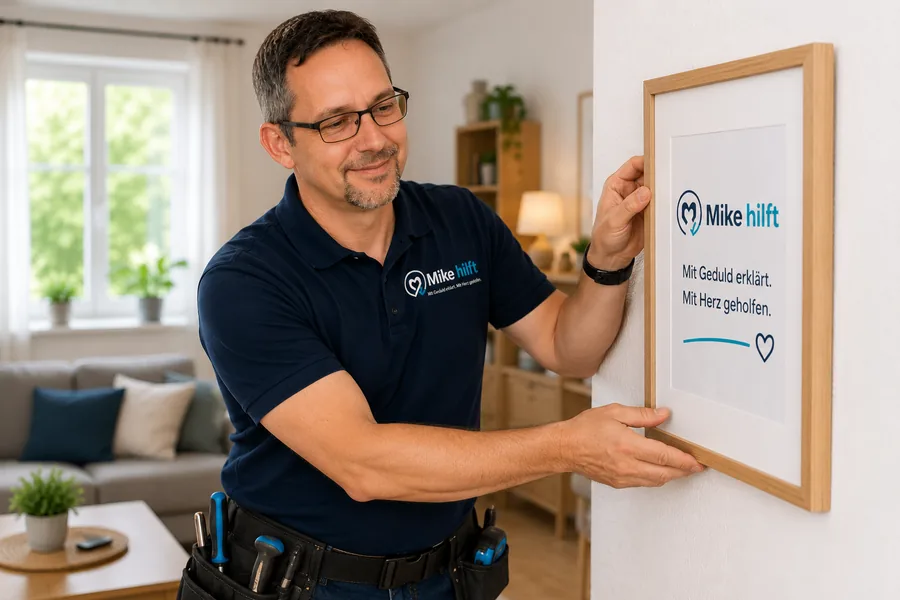 Alltagshilfe in Heusenstamm – Mike hängt einen Bilderrahmen auf